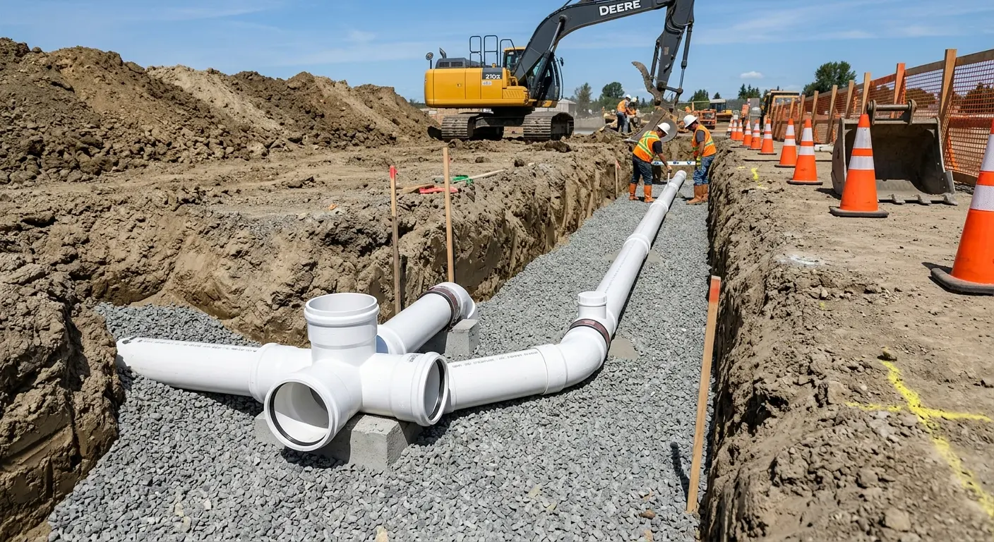 New PVC sewer pipe installation in open trench for Sewer Backup in Middlebury