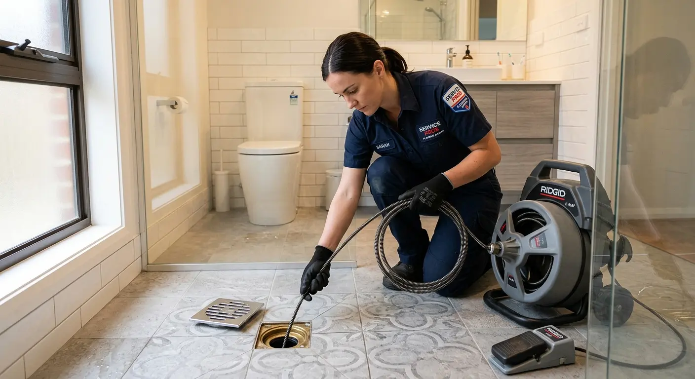 Technician clearing a bathroom floor drain for Hydro Jetting in Middlebury